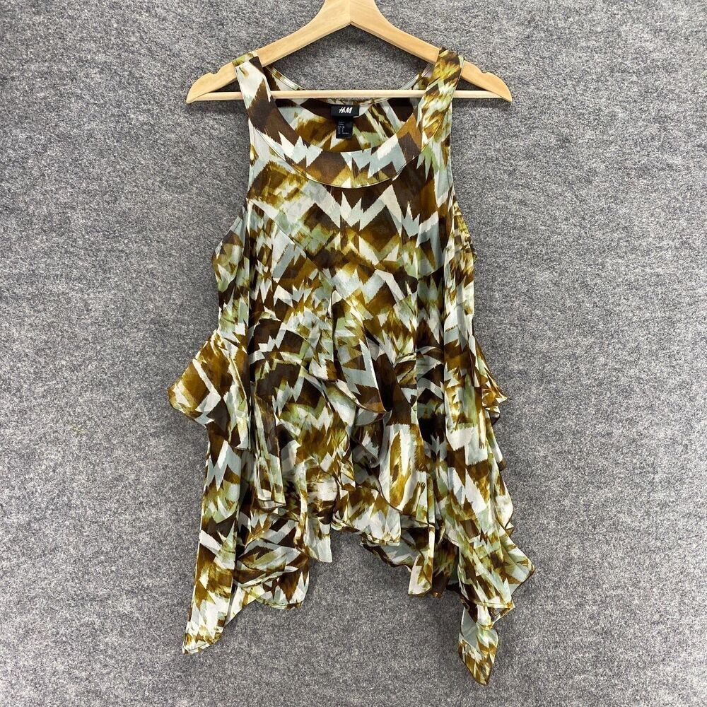 H&M Blouse Women 8 Brown Geometric Sleeveless Round Neck Asymmetric Ruffle